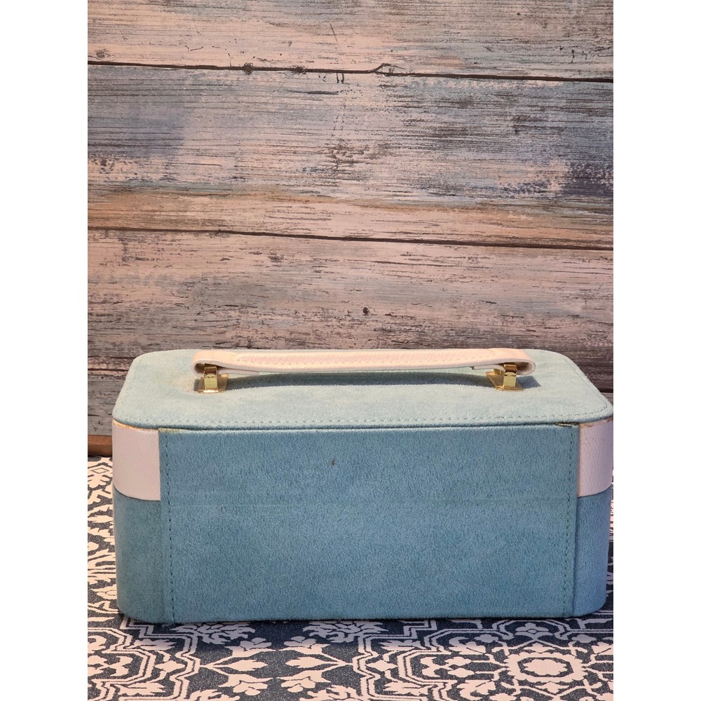 Jewelry Box Organizer Storage Case Teal Suede Faux Leather Mirror Handle Lock - Picture 3 of 12
